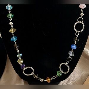 Blue and Green Crystal Beaded Necklace with Silver Accents